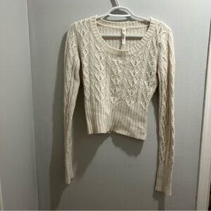Lilu Cropped Angora Wool Blend Cable Knit Sweater Cream M Cozy Boho Winter